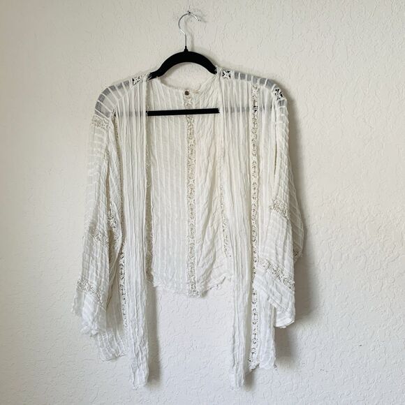 Free People One Willow Kimono White Lace Floral Open Front Tie Beach Boho Preppy - Picture 3 of 12